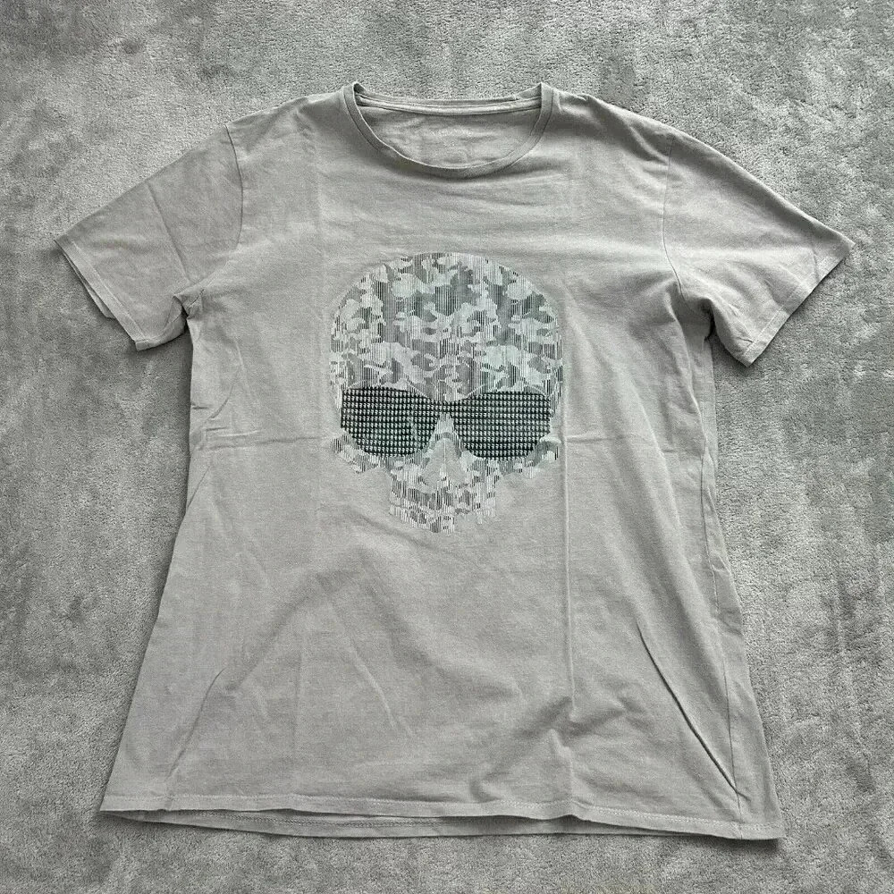 Karl Lagerfeld Shirt Mens Size Large Gray Camo Skull W/ Glasses Tee Logo Cotton